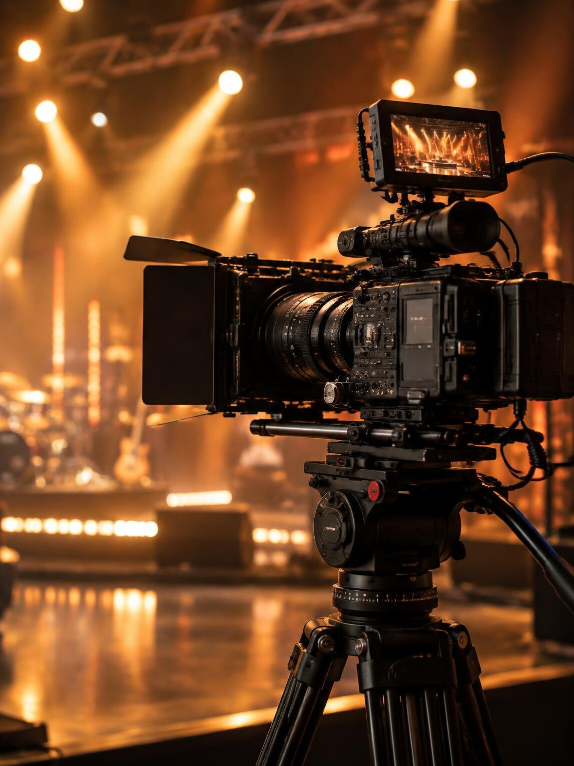 Film camera and lighting equipment on an event set