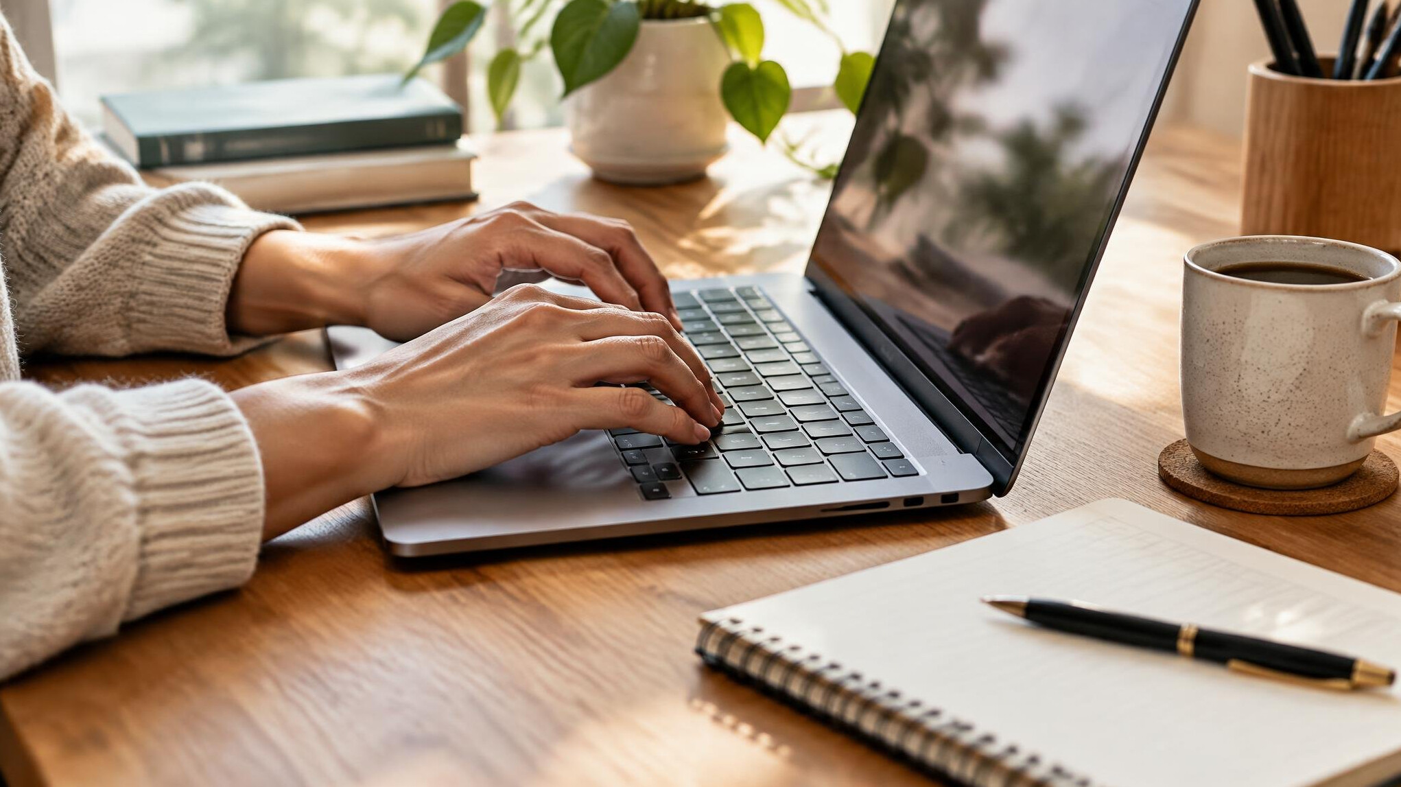 Hands typing on a laptop at a desk